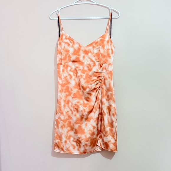 Forever21 Orange Tie Dye Asymmetrical Ruched Spaghetti Strap Dress - Picture 1 of 15
